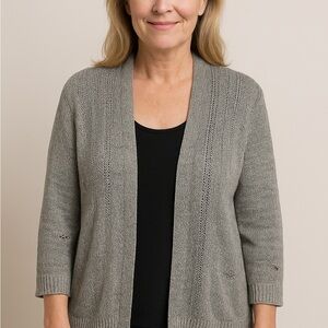 Eileen Fisher Open Front Cardigan Womens XL Linen Silk Knit Sweater Gray Pocket
